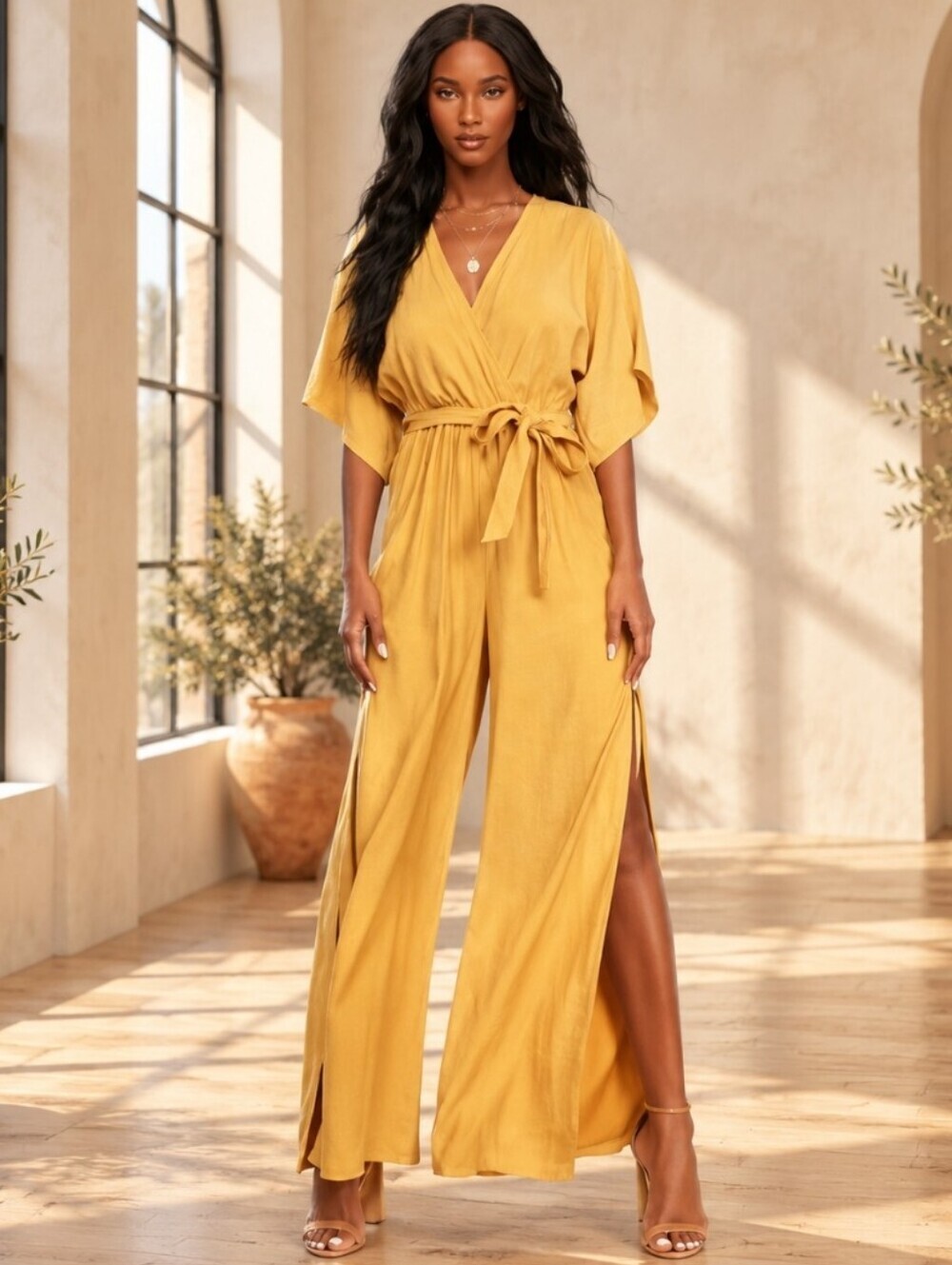 Up To Love Yellow Dolman Sleeve Surplice Wide-Leg Jumpsuit Women's Size Medium